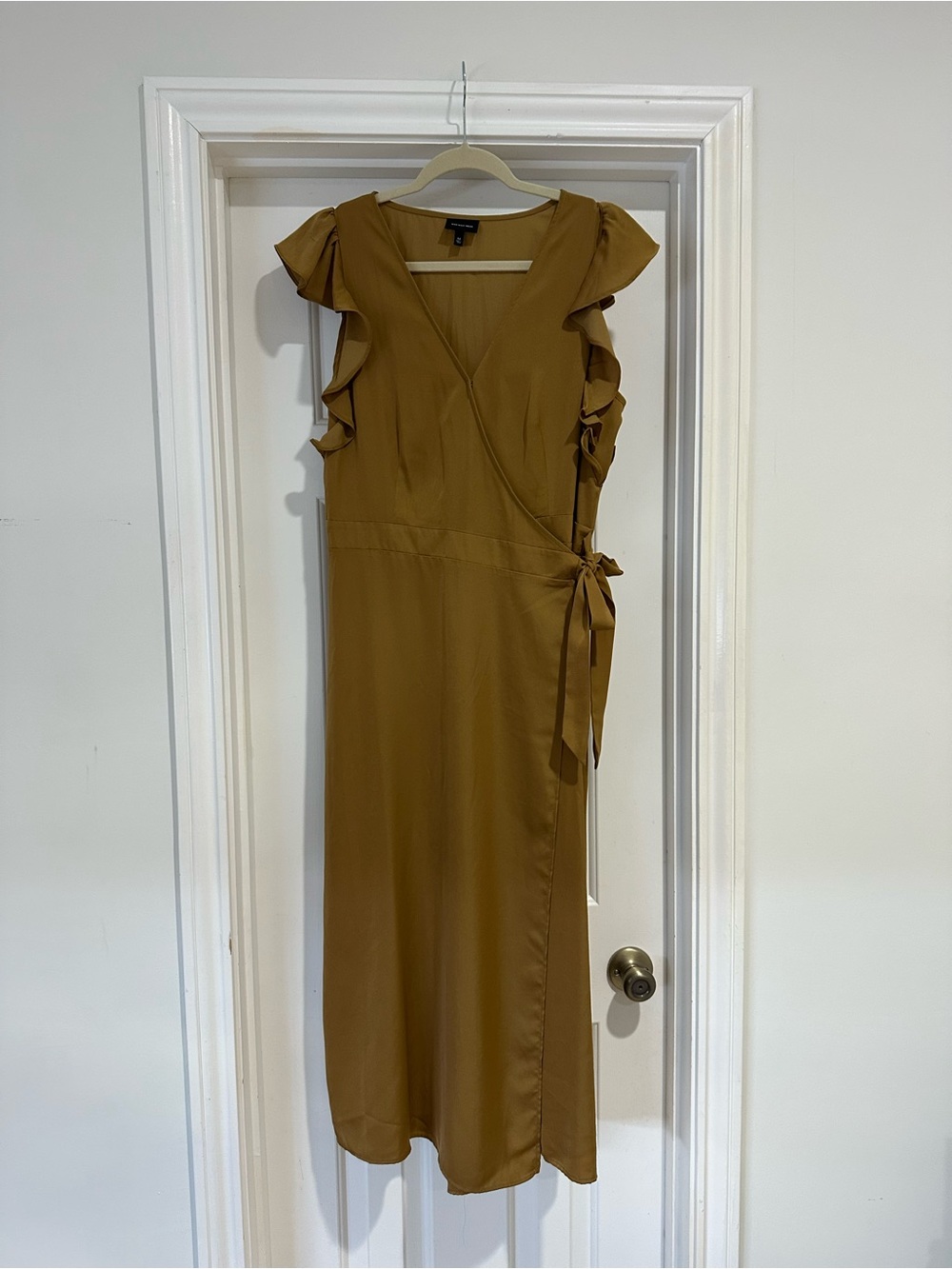 Mustard/gold Wrap Midi Dress with Ruffle Sleeves